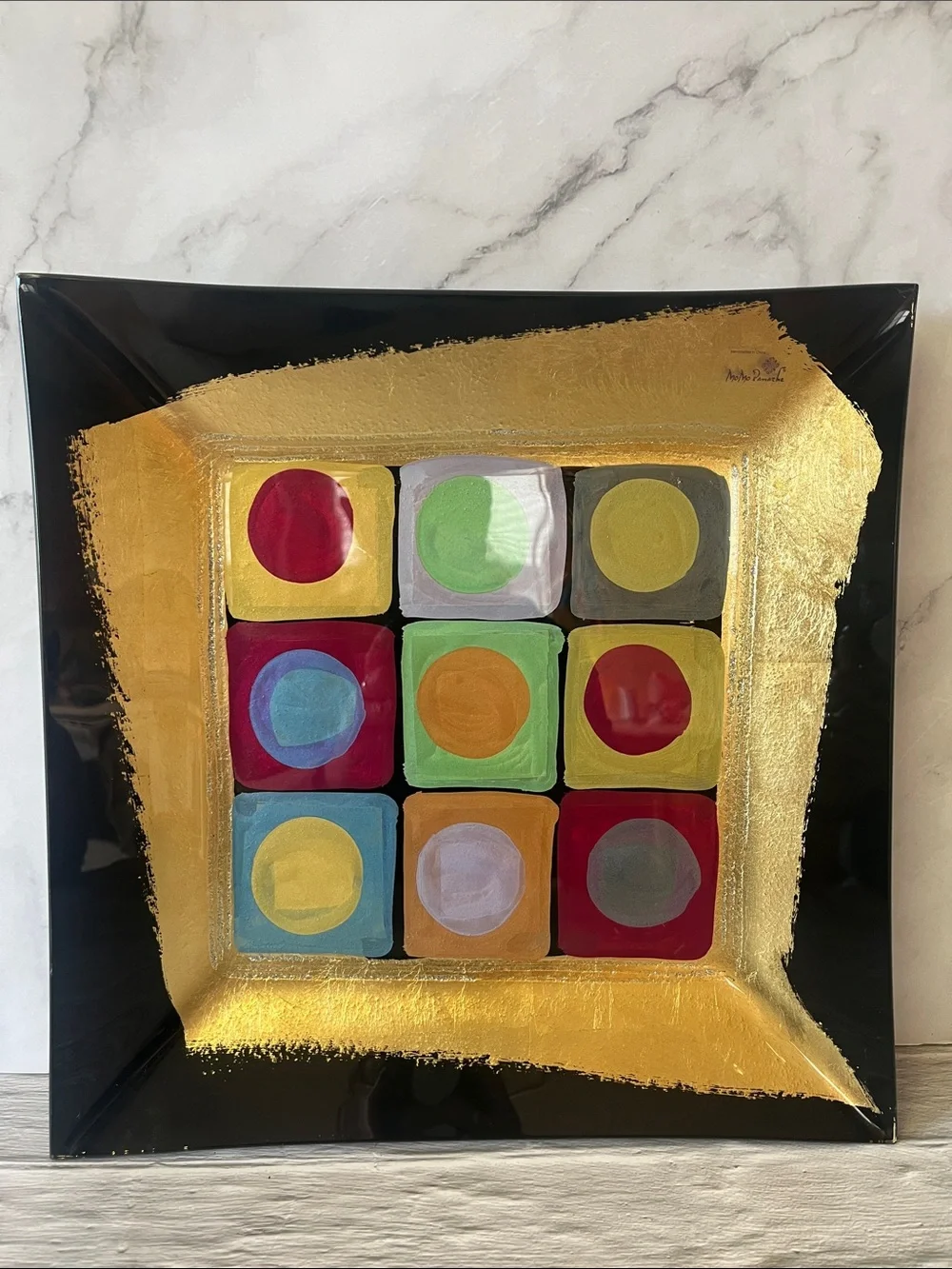 MoMo Panache Abstract Colorful Geometric Inlay Square Glass Plates - Picture 2 of 11